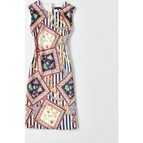 Vintage Flower Print Women Dress Elegant O-Neck Sheath Stripe Dresses D4195