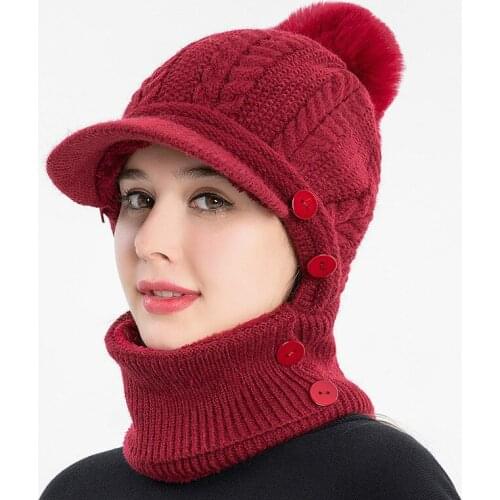 Winter Womens Knitted Pullover Ear Caps European and American Woolen Caps Womens Bib All-in-one Warm Hat