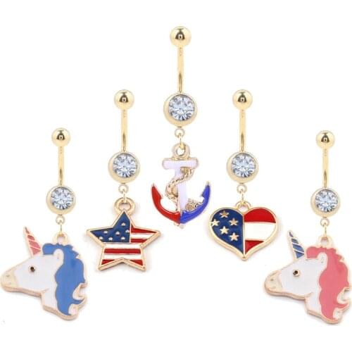 1PC Gold 14G Belly Button Rings for Women 316L Stainless Steel Piercing Navel Bohemian American Flag Body Piercing Jewelry