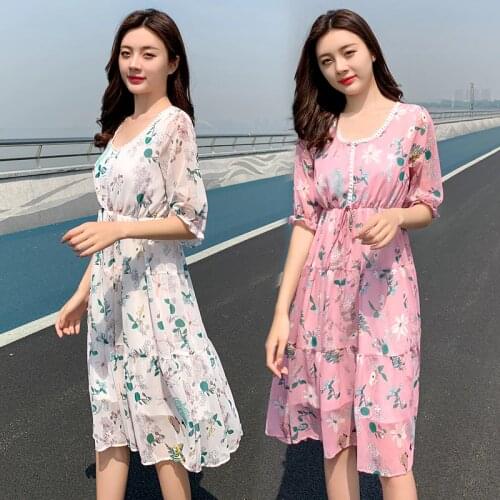 823# Maternity Clothes Summer Chiffon Short Sleeves Floral Midi Dress Loose Stylish Dress Pregnant Women Mom Dress
