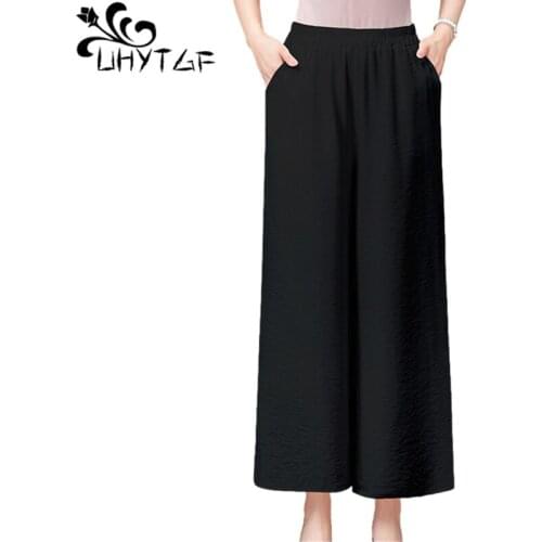 UHYTGF Cotton Linen Casual Summer Pants Women High Waist Wide Leg Pants Straight Loose Thin 4XL Plus Size Trousers Female 2066
