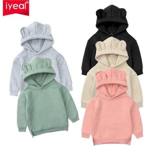 Kids Boys Girls Clothing Outfits Sweater Cute Ears Hoodie Solid Long Sleeve Pullover Pocket Sweatershirt Children Clothes 5-12T