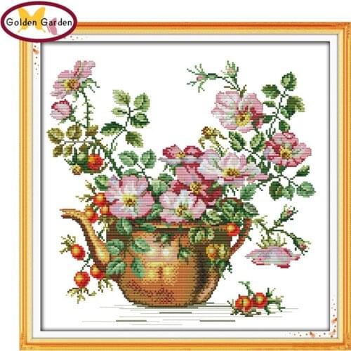 GG Pottery Vase Flower Cross Stitch Printed Fabric Needlework Embroidery Kits Handcraft Counted Cross Stitch Sets for Home Decor