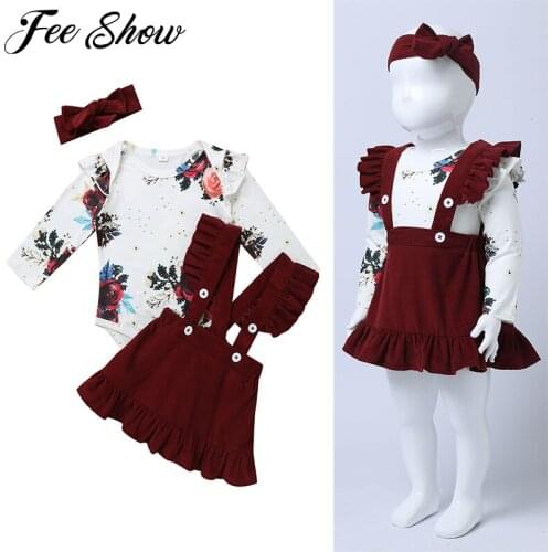 Baby Girls Clothes Set for Newborns Bodysuit Burgundy Floral Romper Jumpsuit Tops T-Shirt Suspender Skirt Bow Headband Outfit