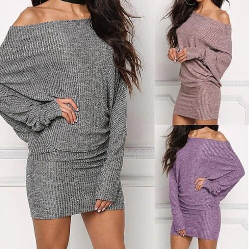 Fashion Women Sexy Off Shoulder Dresses Long Sleeve Slim Vestidos Casual Dress Solid Party Dress