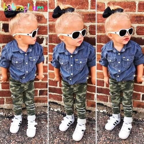 2019 New Spring Fashion Kids Clothes Children Denim T-shirt+Hole Camouflage Trousers Little Girls Outfit Clothing Set BC1340-1