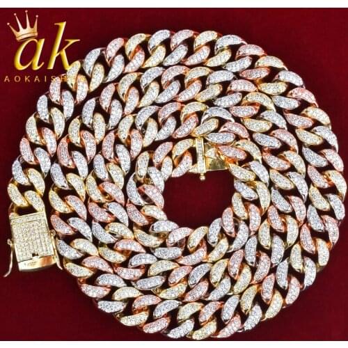 12mm Mixed Color Cuban Necklace Chain Hip hop Jewelry Copper Material CZ Clasp Mens Necklace Link 16-28inch