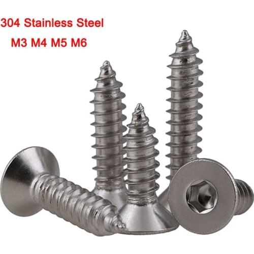 304 Stainless Steel Countersunk Head Self-Tapping Wood Screw Flat Head Hexagon Socket Self-Tapping Screw M3 M4 M5 M6