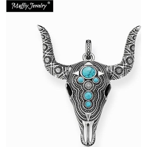 Bull Skull Blue Stone Silver Necklace Pendant,Europe 2019 Rebel Fashion,Good Jewerly, Gift In 925 Sterling Silver,Super Deals
