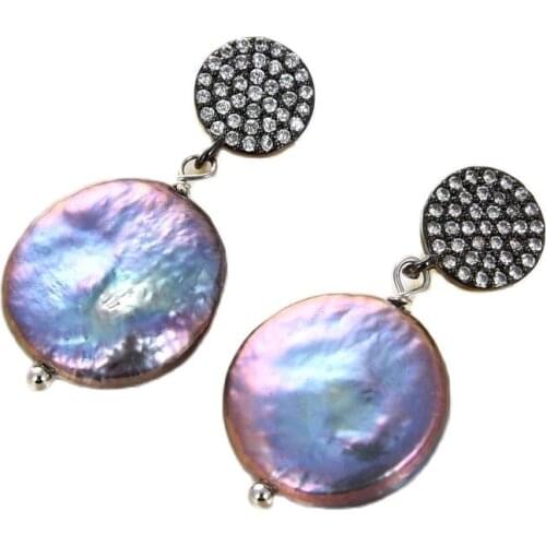 JK Natural Black Coin Pearl Gunmetal CZ Paved Crystal Earrings For Women CZ Stud
