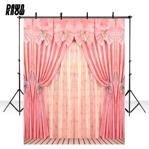 DAWNKNOW Pink Curtain Vinyl Photography Background For Children Wood Floor Backdrop Photocall Wedding Photo Studio Props 4088