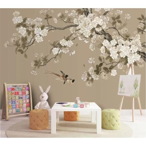 Wewllyu Custom wallpaper 3D murals Gongbi Begonia flowers and birds background wall hand-painted flowers and birds 3d wallpaper