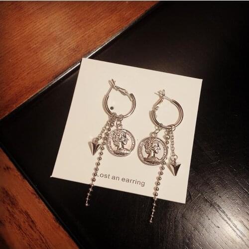 New retro style asymmetric figure fringed geometric long earrings punk Jesus Silver Coin Pendant Earrings womens Earrings