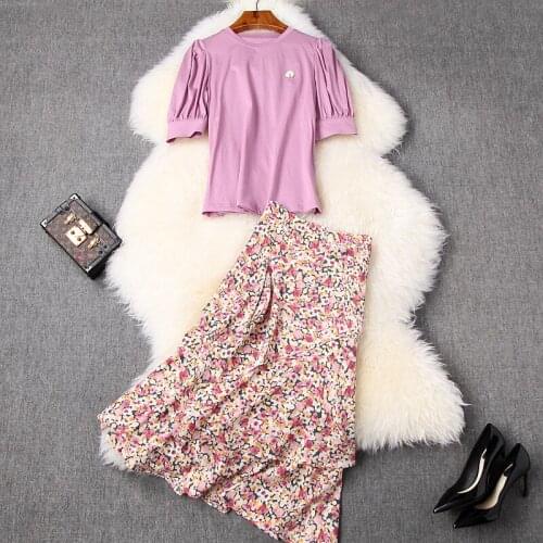 High 2021 new Quality summer office clothing set Short sleeve grace Womens Sets Casual T-shirt long Ruffle print Half skirt suit