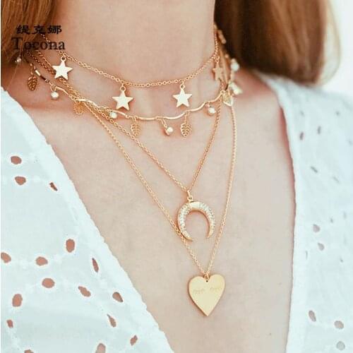 Tocona Exquisite Gold Moon Pendant Necklace for Women Love Heart Multi-layer Leaf Star Chain Crystal Stone Jewelry Wholesale8506
