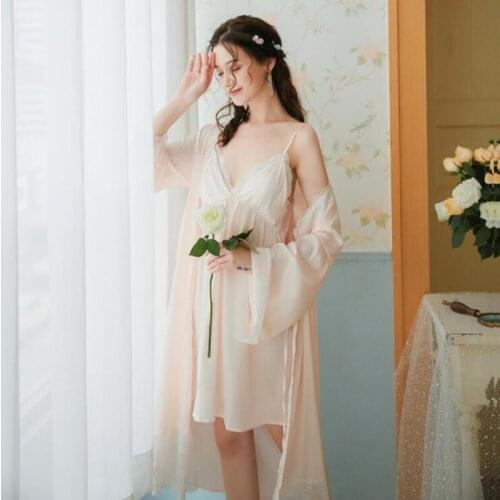 Two-pieces spring and summer women pink robe set cool ice silk sexy spaghetti strap nightgowns long full sleeves lace robe