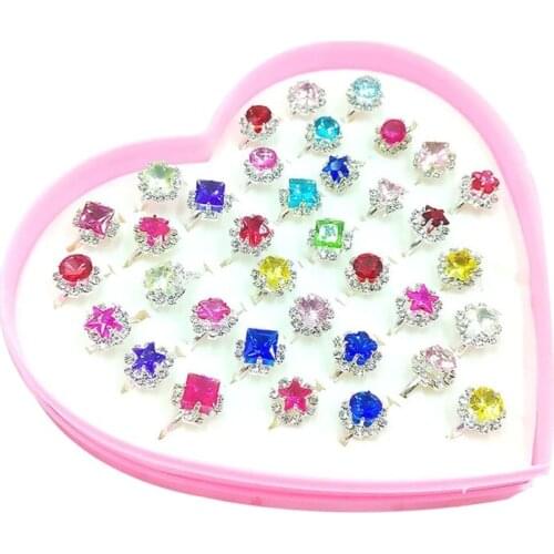 U90E 12/36 Pcs/box Adjustable Alloy Baby Girl Rings Fashion Cartoon Children Girl Rings with Heart Shaped Showcase for Party