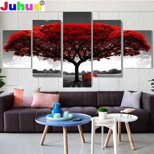 "5 Pieces Red Tree Art Scenery Landscape"diamond painting 5d diamond mosaic cross stitch embroidery full round drill landscape