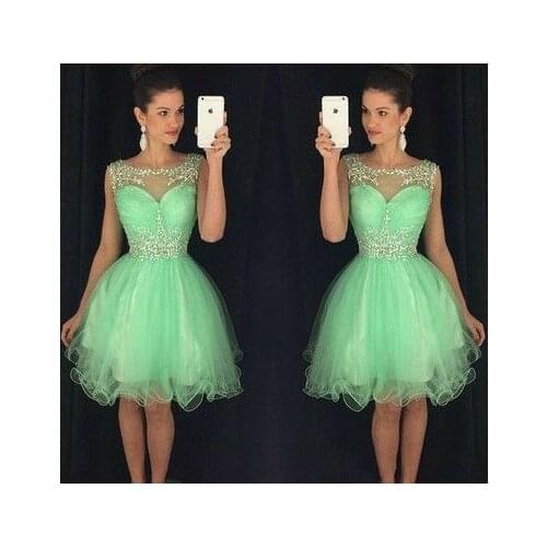 Elegant A-Line Short Beaded Organza Homecoming Dresses with Pockets O-Neck Rhinestone Knee Length Graduation Dresses for Juniors
