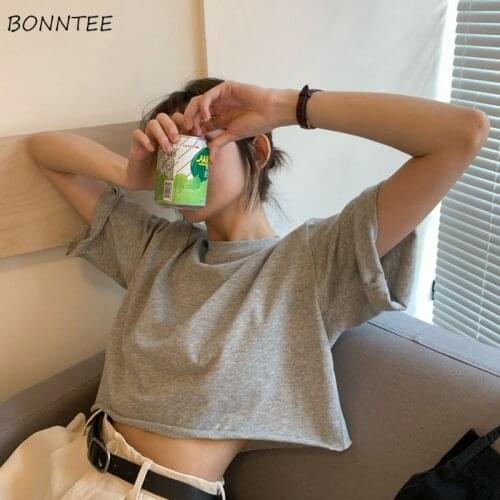 Short Sleeve T-shirts Women Harajuku Chic Summer BF Style Simple Basic All-match Teens Crop Top Loose Solid O-neck Girls Tees