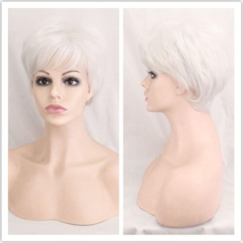 SuQ Classical Short Sliver Wig For White Women Hair Synthetic Natural Curly Sliver White Cosplay Heat Resistant Daily Wigs