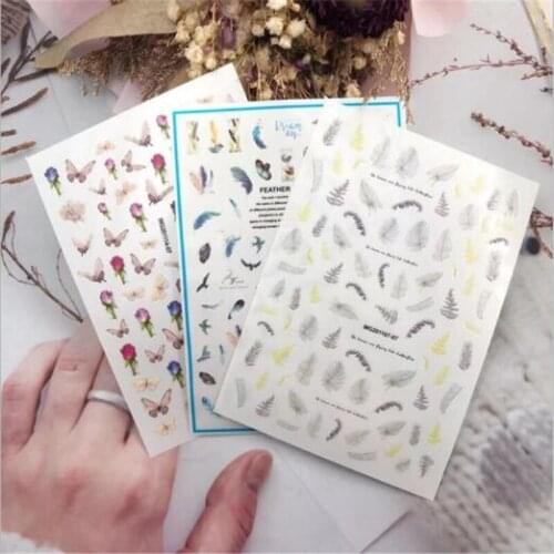 High Quality Hot Selling Fashion DIY Nail Stickers Feathers& Dry flowers& butterflies Nail Decals for Women Girls