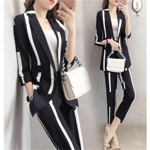 Fashion suit female summer New High quality Black striped suit + pants suit casual two-piece suit women