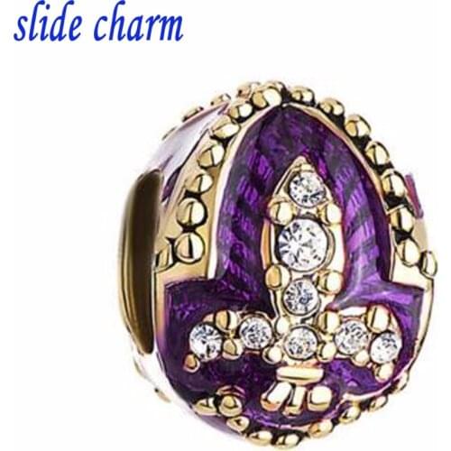 Slide charm wholesale Free shipping Purple Fleur De Lis Charm Crystal Faberge Egg Beads Charms fit Pandora bracelet