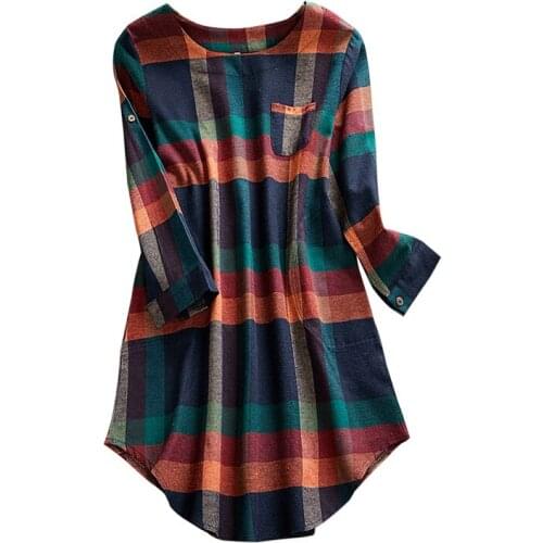 Oversized Plaid Print Pocket Long Sleeve O Neck Loose Fashion Dress Women Casual Streetwear Beach Plus Size Party Dresses