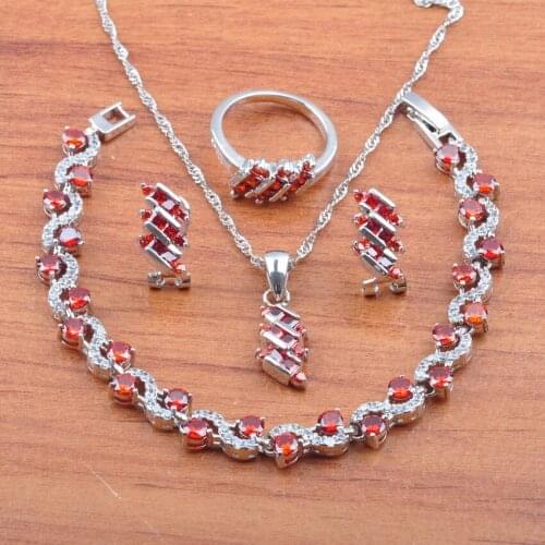 Silver Color Jewelry Set Best Gift Red Zirconia For Women Earrings Necklace Pendant Rings Bracelet Set JS0544