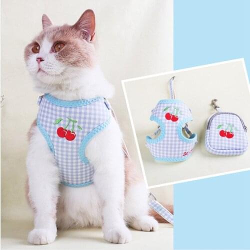 Dogs Harness and Leash Set with Snack Pack Cute Fruit Embroider Harness Plaid for Small Dogs Cats Lovely Dogs Vests Soft Mesh