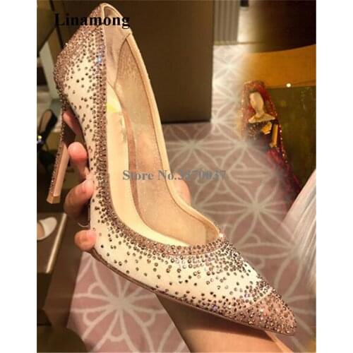 Brand Design Women Charming Bling Bling Pointed Toe Mesh Thin Heel Pumps Lace Beige Black Rhinestone High Heels Wedding Shoes