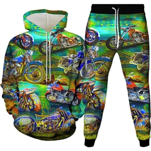 Spring Autumn Teen Hoodies+Trousers Colorful Car Motorbike Print Men Casual Sweatshirts Sweatpants Women Sets Clothes Size S-6XL