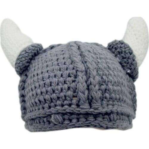 Adult Kids Handmade Crochet Knit Beanie Cap Funny Horns Viking Winter Skull Cap 50JB