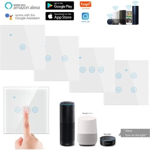 Tuya WiFi Light Switch work with or No Neutral Wire, 1/2/3/4 gang EU/UK Smart Wall Switch works for Alexa, Google Home echo