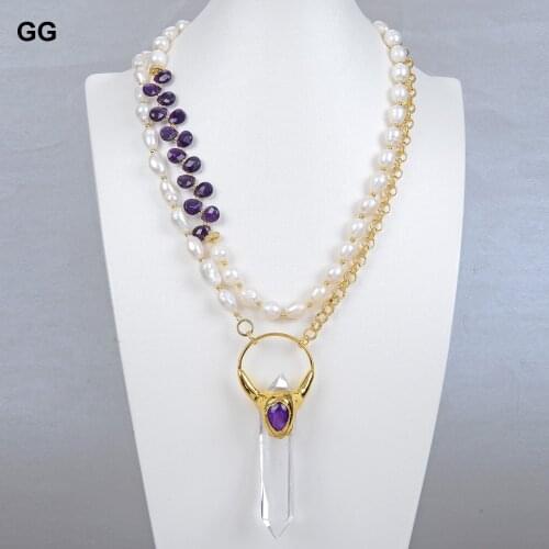 GuaiGuai Jewelry Natural Cultured White Pearl Purple Faceted Amethysts Chain Necklace Amethyst Clear Quartzs Pendant For Women