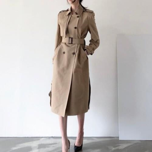 ZCSMLL Vintage Style turn-down collar long sleeve khaki coat Waist Straight Over The Knee Windbreaker Women Jacket with Belt