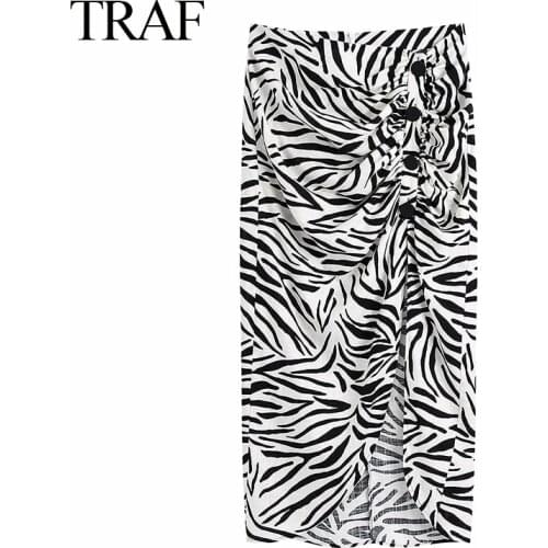 TRAF Womens Clothing Skirt Fashion Summer Zebra Stripes Folds Skirts Women Elegant Side Split Skirt Women Mid Calf Casual Skirt