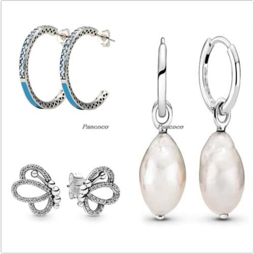 Authentic 925 Sterling Silver Freshwater Cultured Baroque Pearl Hoop Earrings For Women Wedding Gift Pandora Jewelry