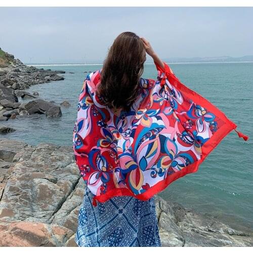 Women Red Color Geometric Floral Printed Large Hijab Scarf Tassel Autumn Ladies Shawls and Wraps