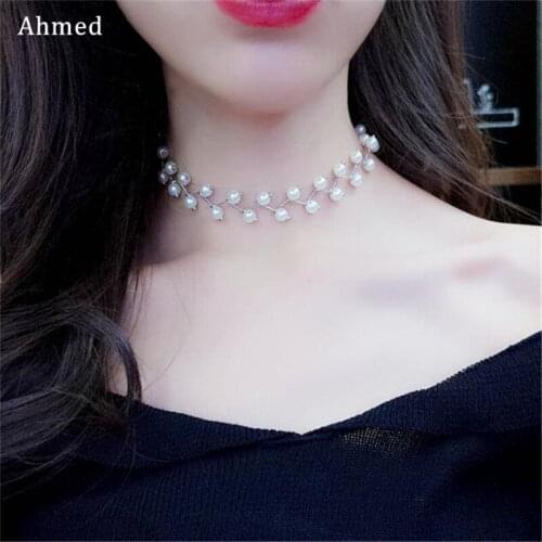 Ahmed Fashion Temperament Gold Silver Pearl Accessory Choker Necklace For Women New Design Charm Collar Clavicle Chain Jewelry