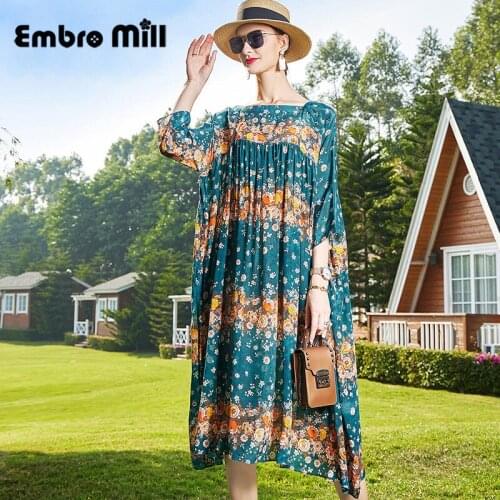 New Spring And Summer High-End Loose Comfortable Fashion Square Collar Printed Silk Floral Three Quarter Sleeve Lady Dress M-XXL