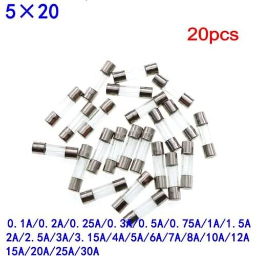 20pcs/lot Glass Tube Fuse 5x20mm 0.1A 0.2A 0.5A 1A 1.5A 2A 2.5A 3A 3.15A 4A 5A 6A 7A 8A 10A 12A 15A /250V Fast Quick Blow Fuses