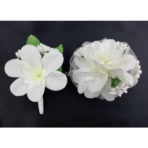 White Wedding Corsages and Boutonnieres for Prom Bride Bridesmaid Sister Fabric Wrist Flower Bracelet Bridal Brooch Accessories