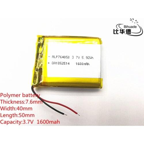 Free shipping 10pcs/lot 3.7V 1600mah 764050 Lithium Polymer LiPo Rechargeable Battery For Mp3 Mp4 Mp5 DIY