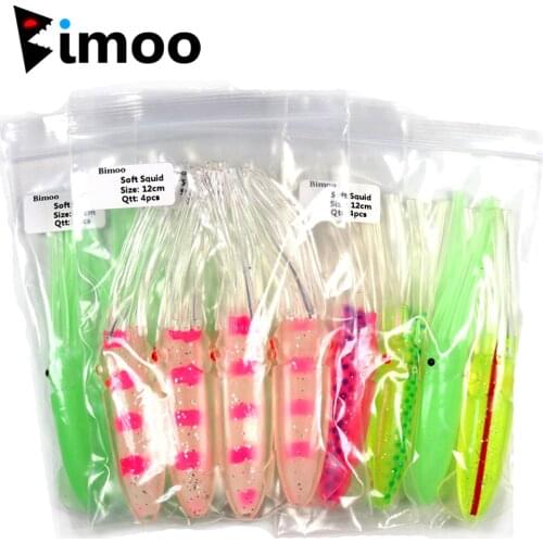 Bimoo 1bags=4pcs 12cm Soft Squid Lures Jigging Game Fishing Saltwater Fishing Bait Octopus Luminous Clear Pink for DIY Rigs
