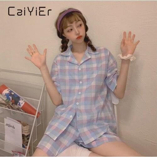 CAIYER Summer Plaid Pajamas Suit Sweet Girl Purple Printing Sleepwear Korean Women Leisure Pyjamas Home Luxury Pajamas for Women