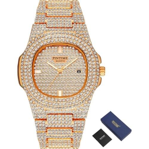 PINTIME Iced Out Watch Men Diamond Steel Gold Men Watches Top Brand Luxury Calendar Male Wristwatch Relogio Masculino Relojes