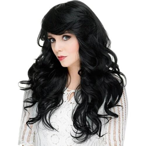 22'' Black Women Curly Wavy Long Human Hair Wig Fancy Dress Cosplay with Free Cap, Clips, Steel Comb