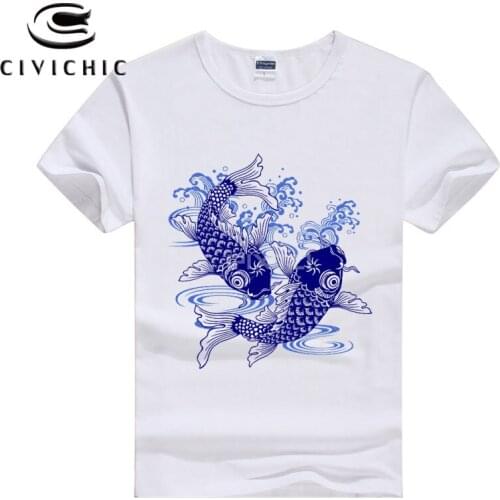 CIVI CHIC Chinese Style Vintage Men Plus Size T Shirt Woman Oriental Ethnic Tops Tee Carp Fish Print T-shirt Groot Camisa WST120